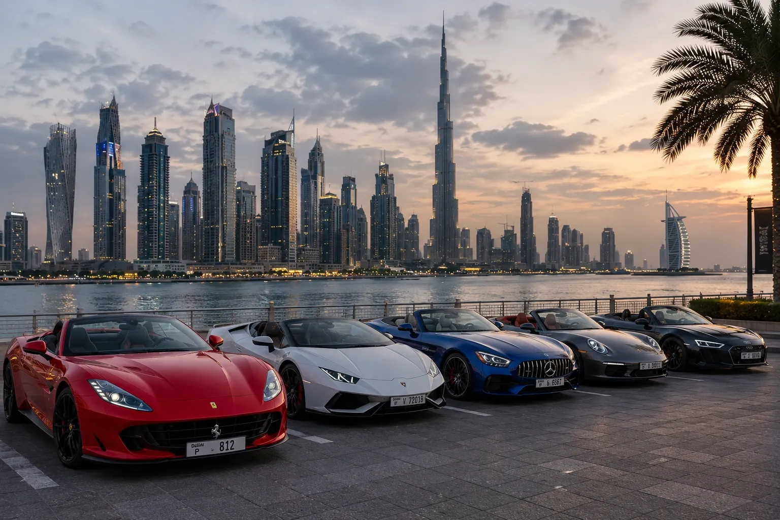Five convertibles with the roof down on a waterfront promenade, the Burj Khalifa and the Dubai skyline behind at sunset
