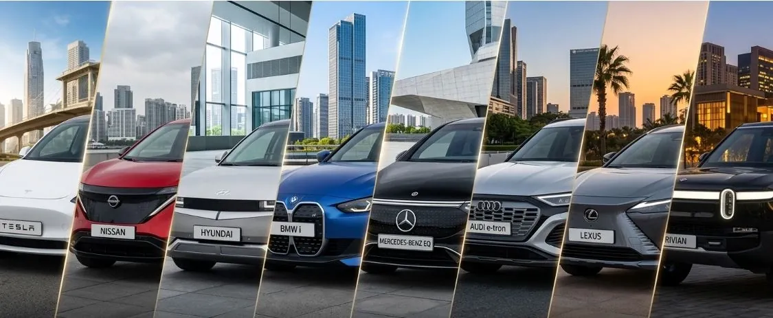 A banner of electric cars in labelled panels - Tesla, Nissan, Hyundai, BMW i, Mercedes-Benz EQ, Audi e-tron, Lexus and Rivian