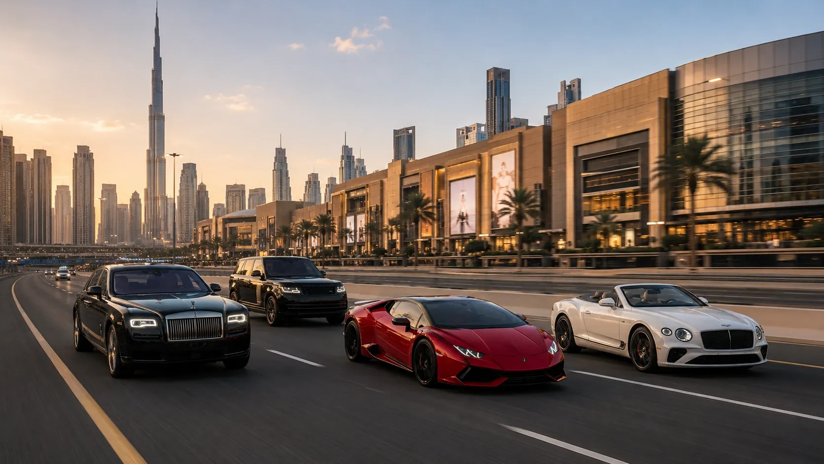 A Rolls-Royce Ghost, a Range Rover, a red Lamborghini and a white Bentley convertible passing the Dubai Mall with the Burj Khalifa behind