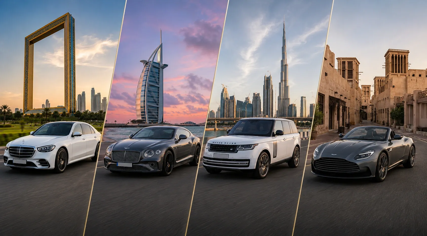 Four panels showing a Mercedes S-Class at the Dubai Frame, a Bentley at the Burj Al Arab, a Range Rover below the Burj Khalifa and an Aston Martin in old Dubai