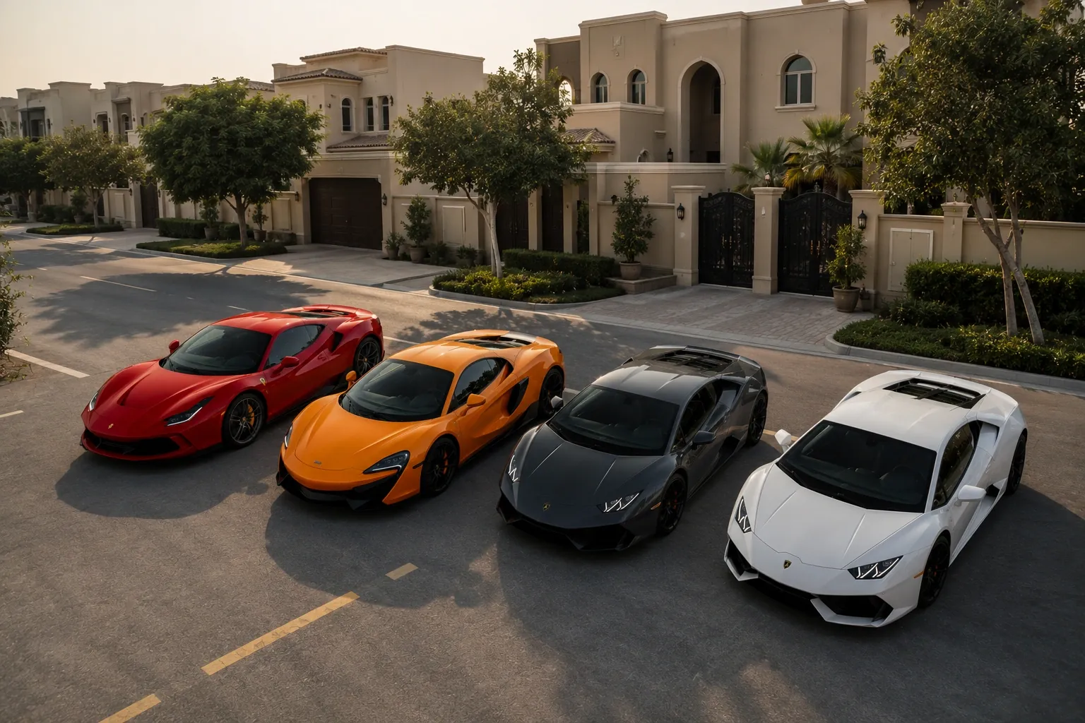A red Ferrari, an orange McLaren and two Lamborghini Huracans parked outside villas in a Dubai neighbourhood