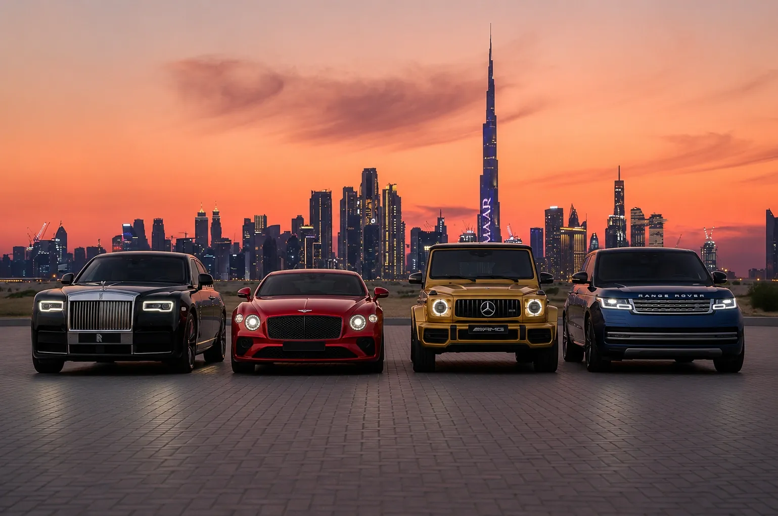 A black Rolls-Royce Ghost, a red Bentley, a gold Mercedes G63 and a blue Range Rover in a row with the Burj Khalifa at sunset