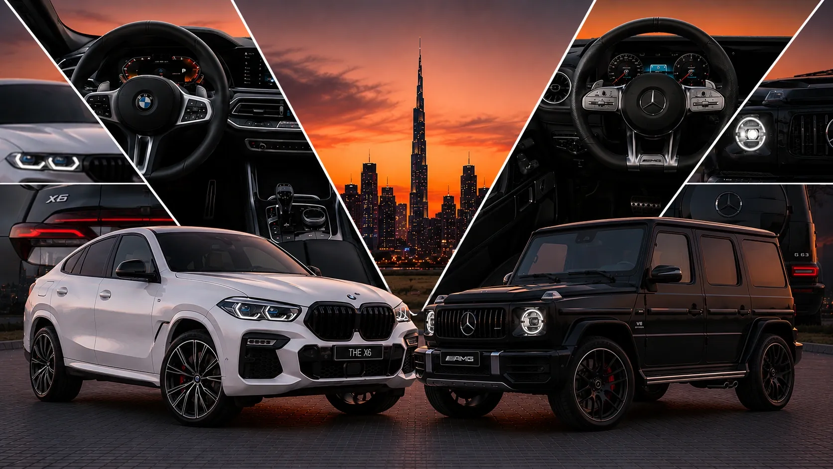 A split comparison of a white BMW X6 and a black Mercedes G63, with each car interior inset and the Dubai skyline between them