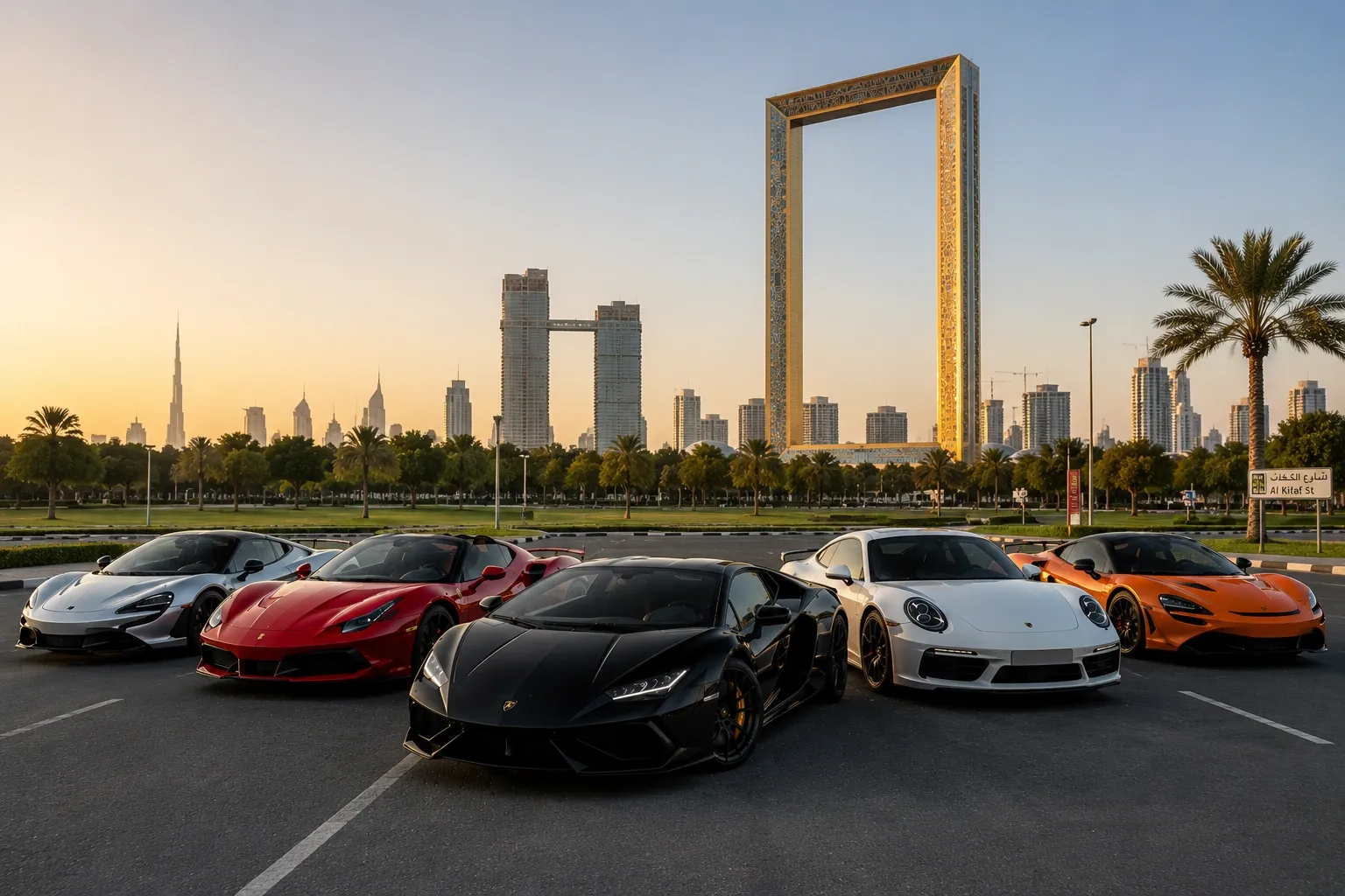 Five supercars parked in a car park with the Dubai Frame and the Burj Khalifa behind at sunset