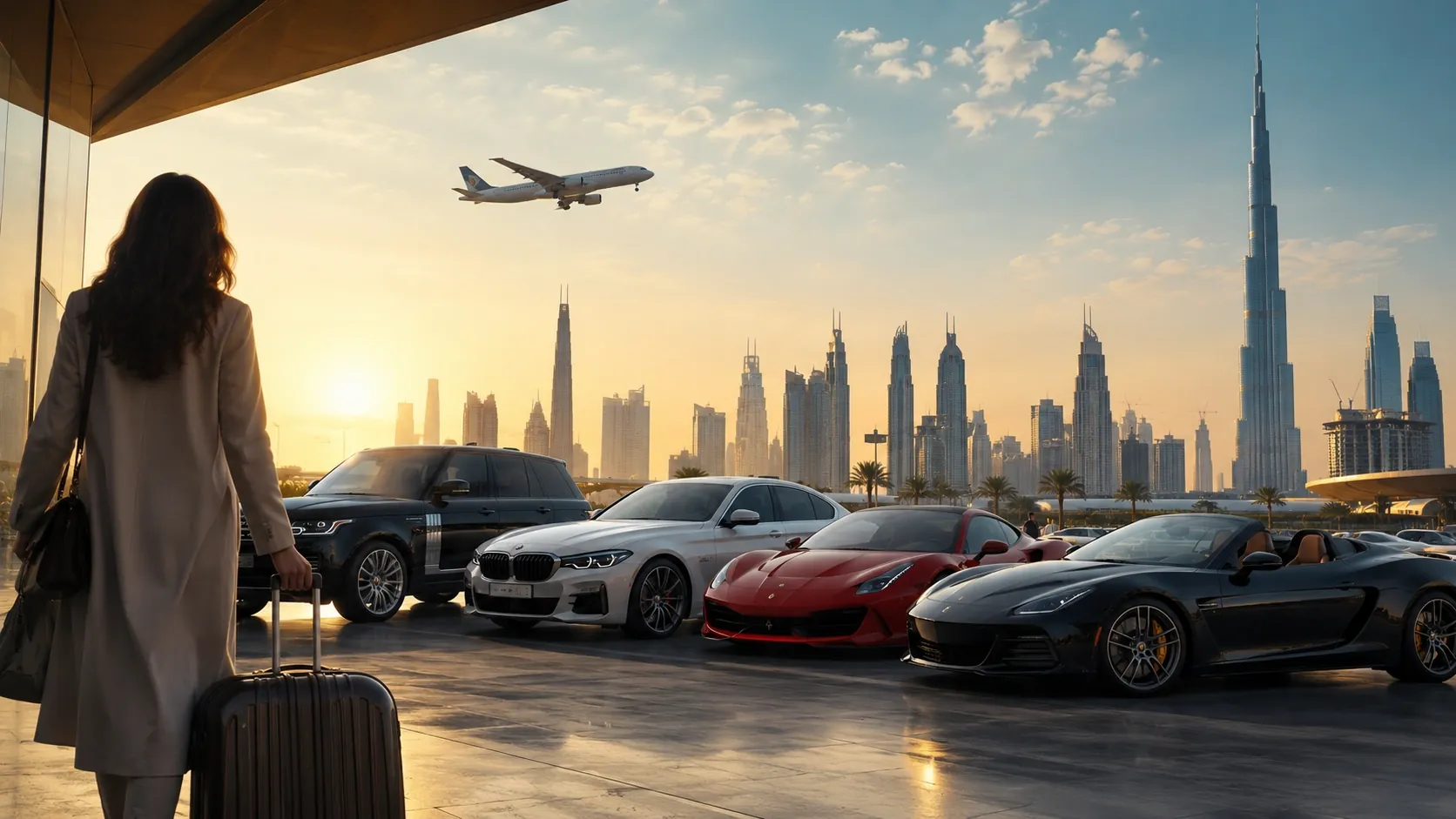A traveller with a suitcase beside a row of rental cars, a plane overhead and the Dubai skyline at sunset