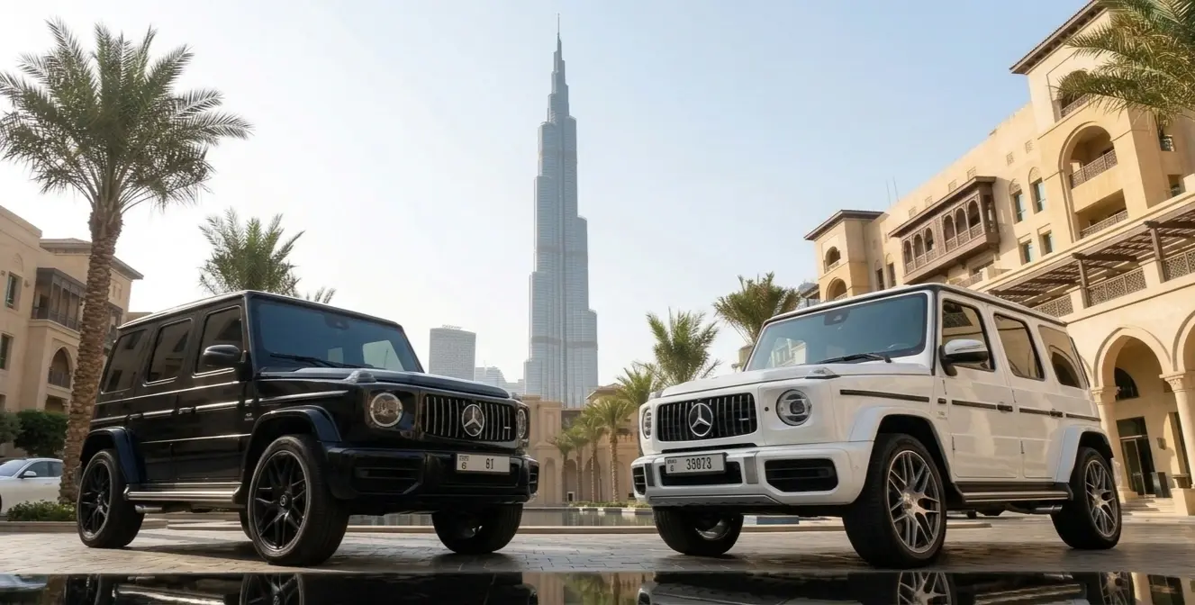 A black and a white Mercedes G63 parked in a plaza with the Burj Khalifa rising behind them